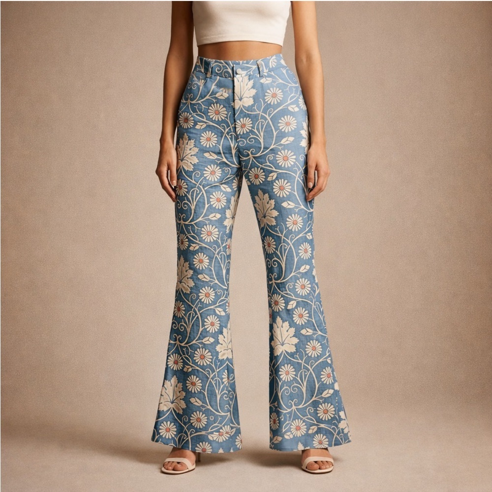 Blue Floral Flare Pants | Retro Mod Print | Stretchy High Rise | Size M